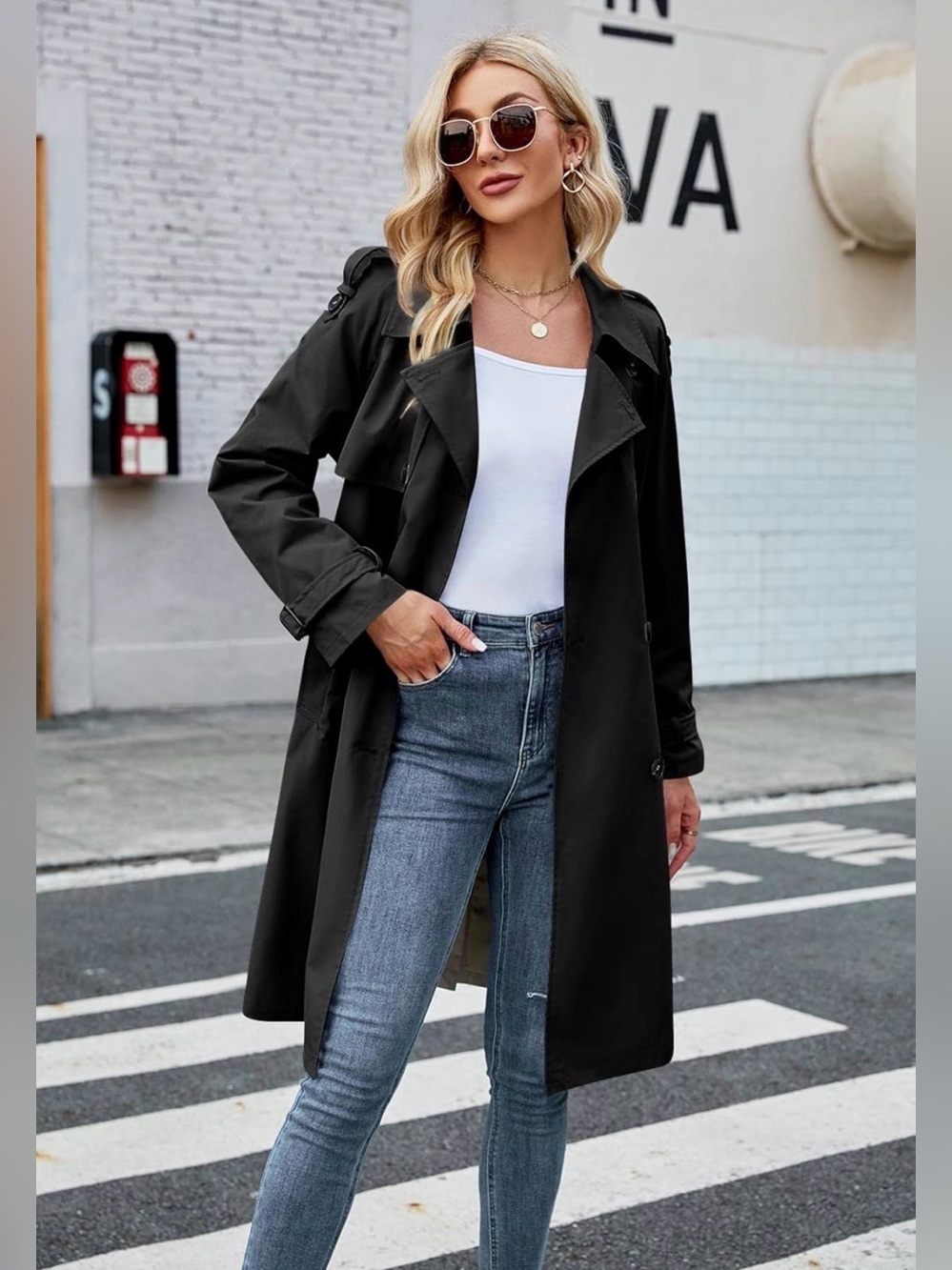 Classic Slim Double-Breasted Trench Coat – Belted Black